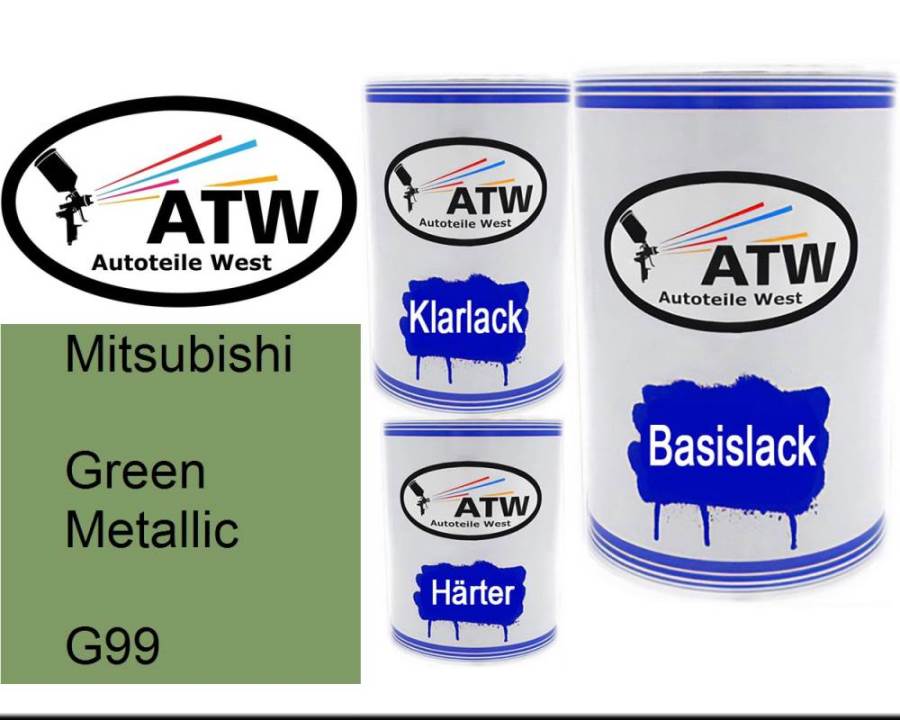 Mitsubishi, Green Metallic, G99: 500ml Lackdose + 500ml Klarlack + 250ml Härter - Set, von ATW Autoteile West.